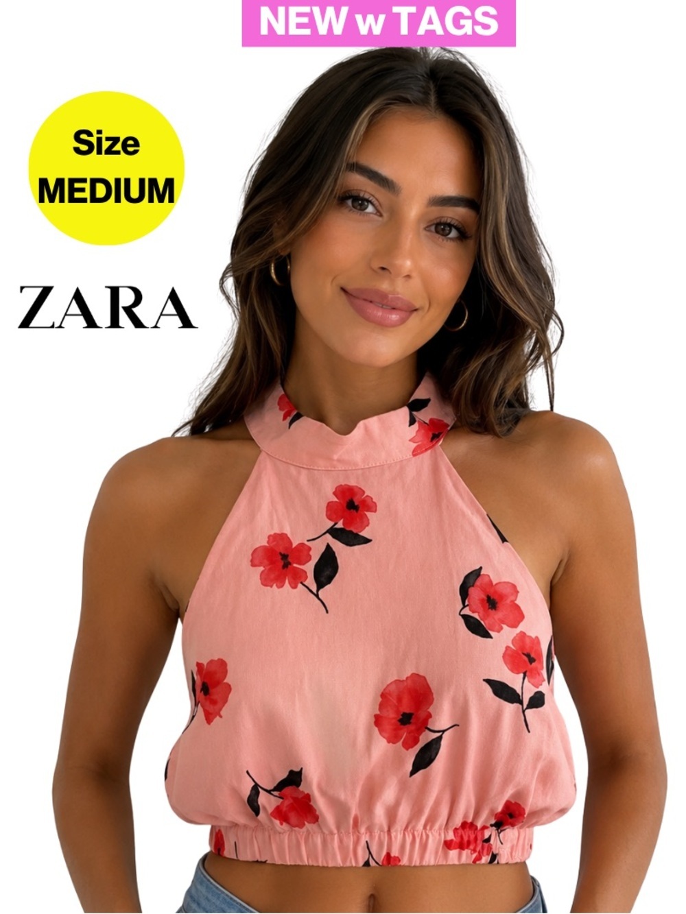 NEW w TAGS 🏷️ ZARA Open Back, Coral Pink Floral Halter Crop Top (Women’s Medium)